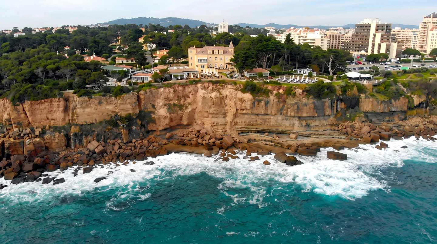 Aerial view of a clifftop wedding venue on the Cascais coast